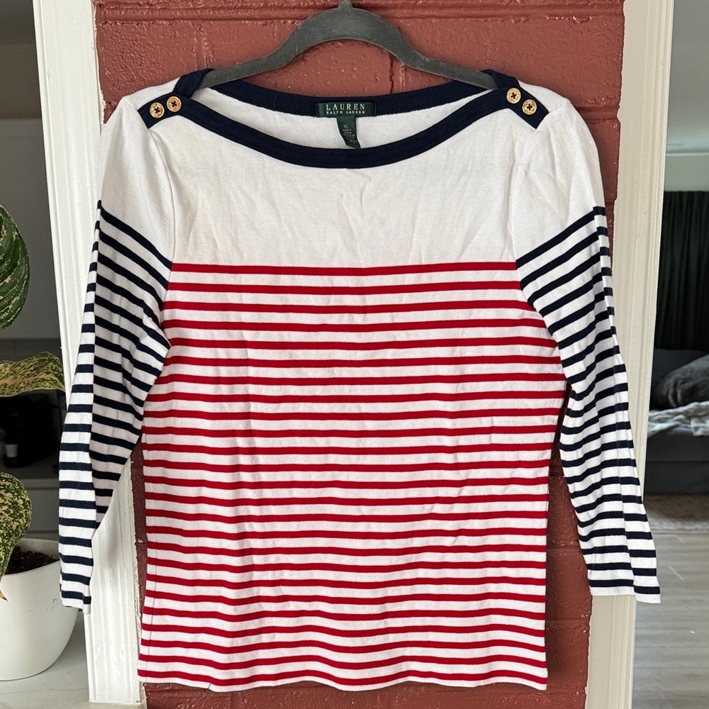 Ralph Lauren White, Red, and Navy Striped Boatneck Top w Gold Buttons XL
